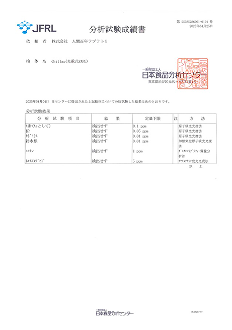 日本食品分析センターの分析試験成績書
